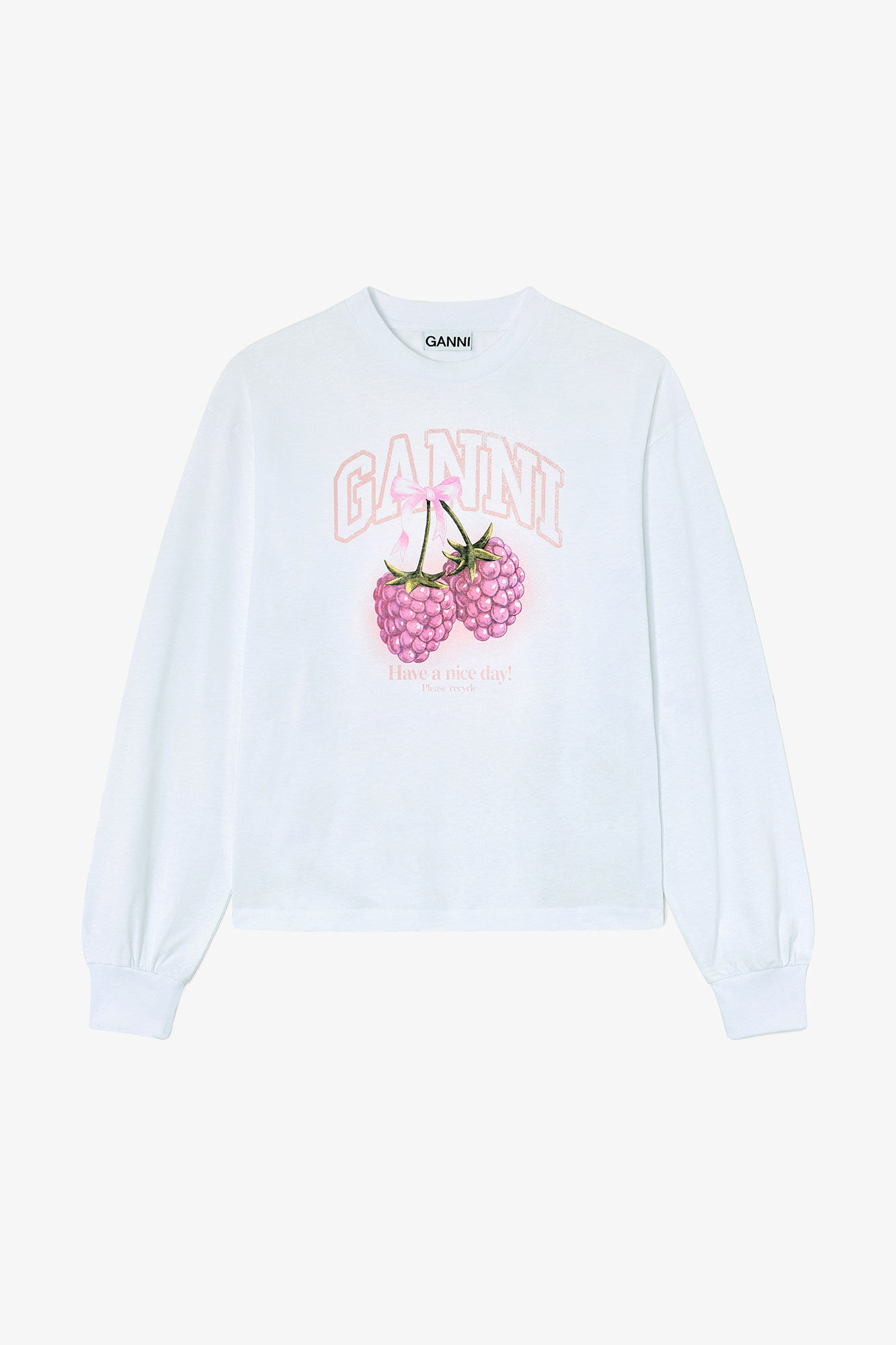 GANNI ホワイト ロングスリーブ Tシャツ GANNI（ガニー） 長袖 Tシャツ Re-cut Heavy Jersey Animals Long