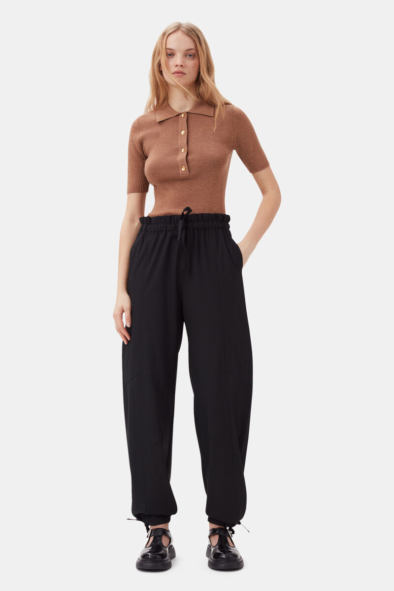 Black Drapey Melange Elasticated Waist Trousers, Elastane, in colour Black - 1 - GANNI