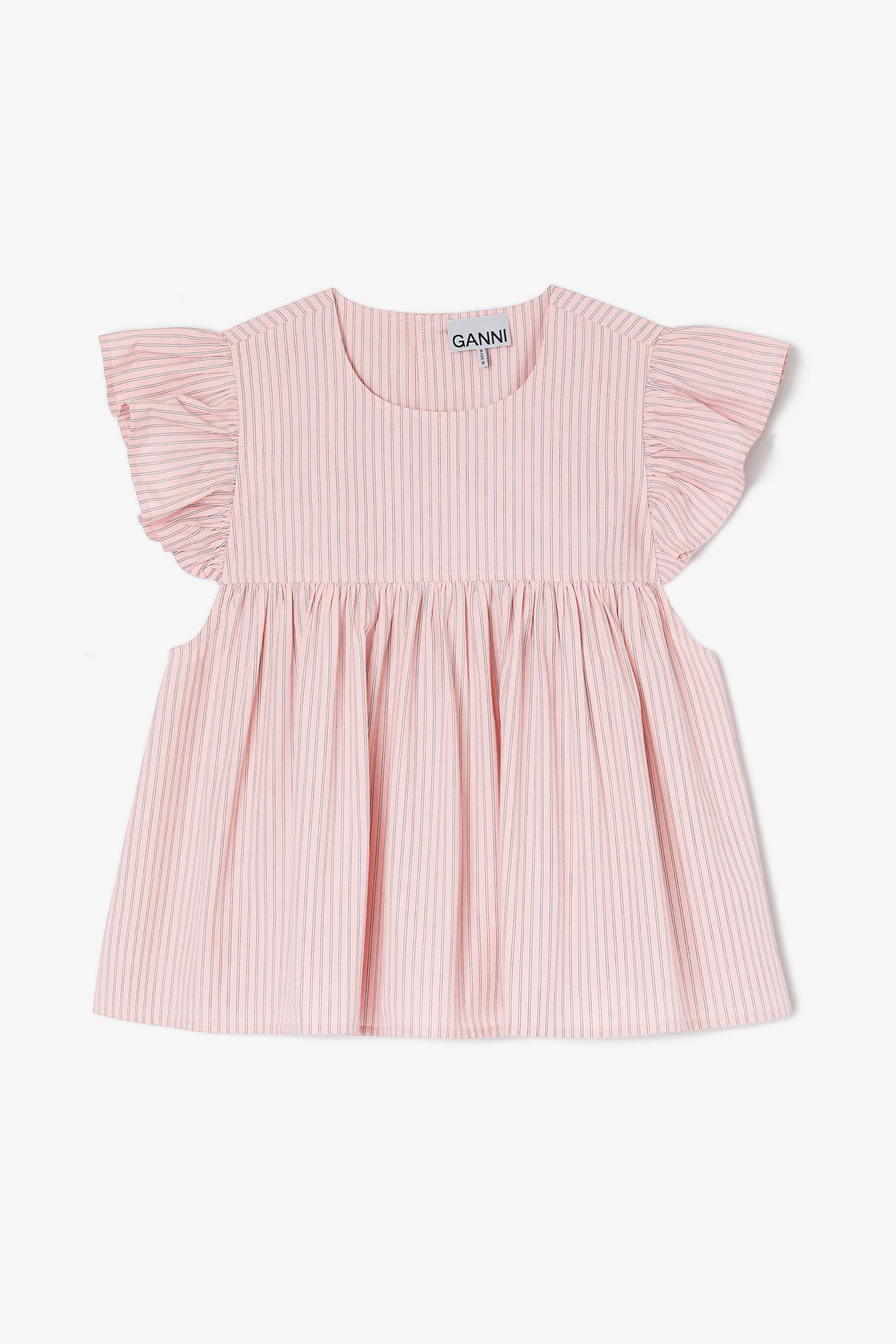 Pink Frill Sleeve Top, Organic Cotton, in colour Chalk Pink - 1 - GANNI