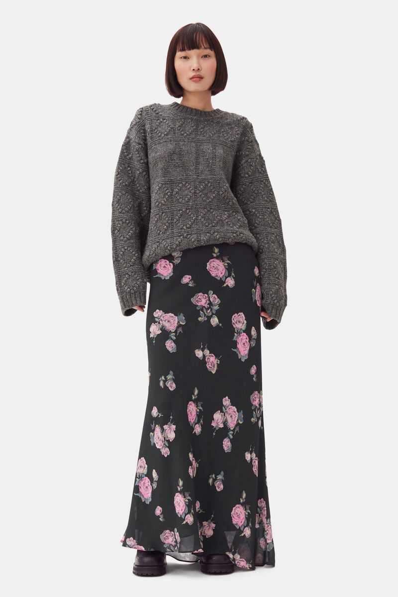 Floral Printed Crepe Maxi Skirt, Viscose, in colour Climbing Ivy - 1 - GANNI