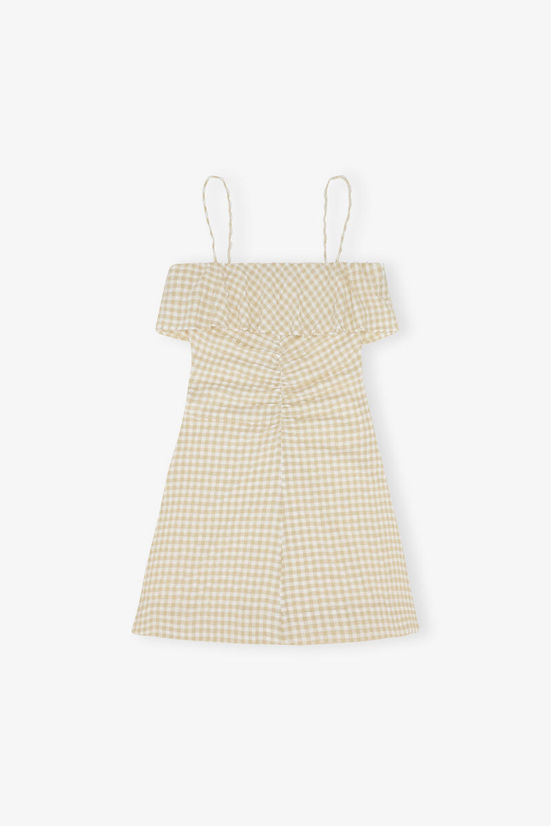 Robe mini &agrave; bretelles en seersucker extensible, Recycled Polyester, in colour Pale Khaki - 1 - GANNI