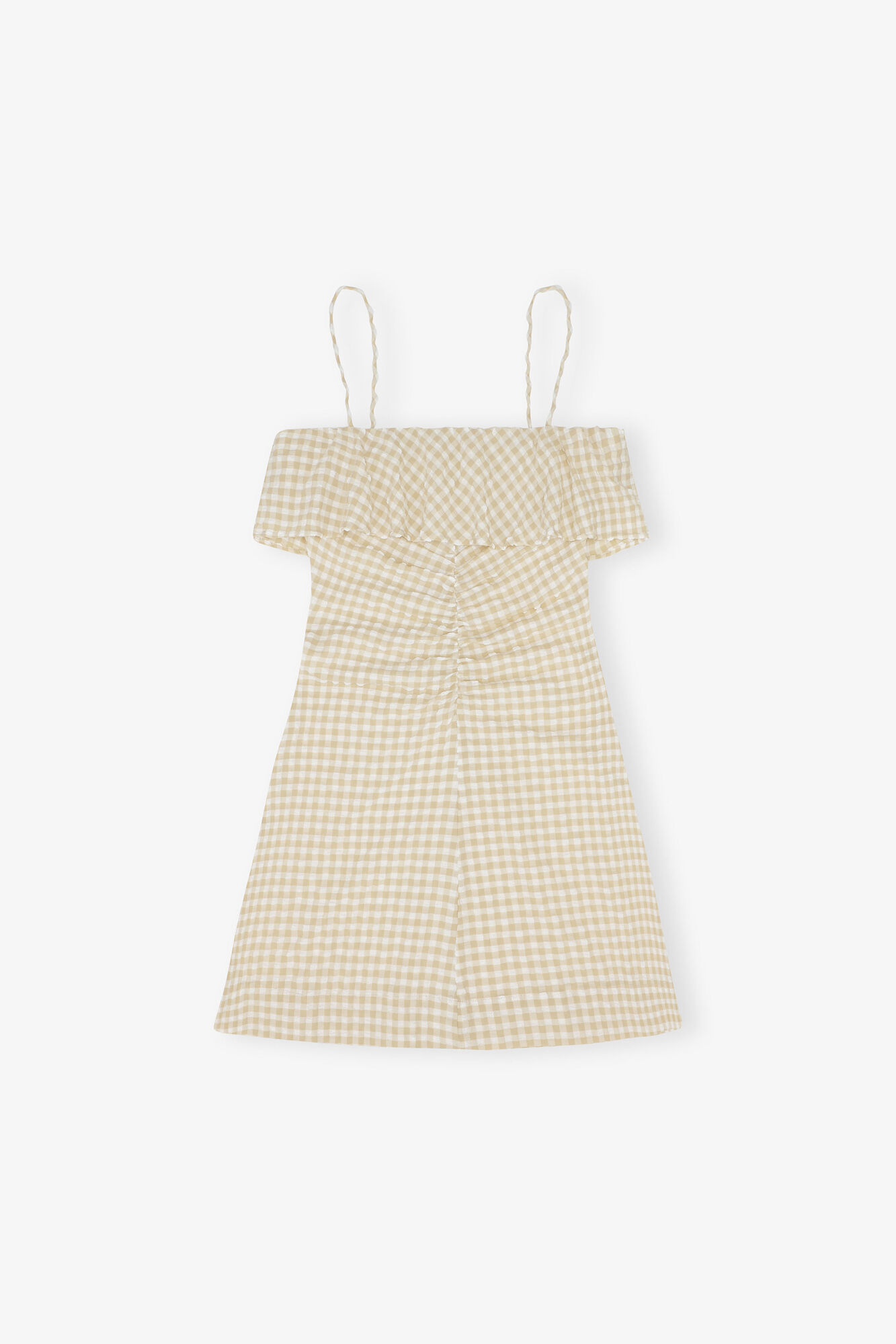 Robe mini &agrave; bretelles en seersucker extensible, Recycled Polyester, in colour Pale Khaki - 1 - GANNI