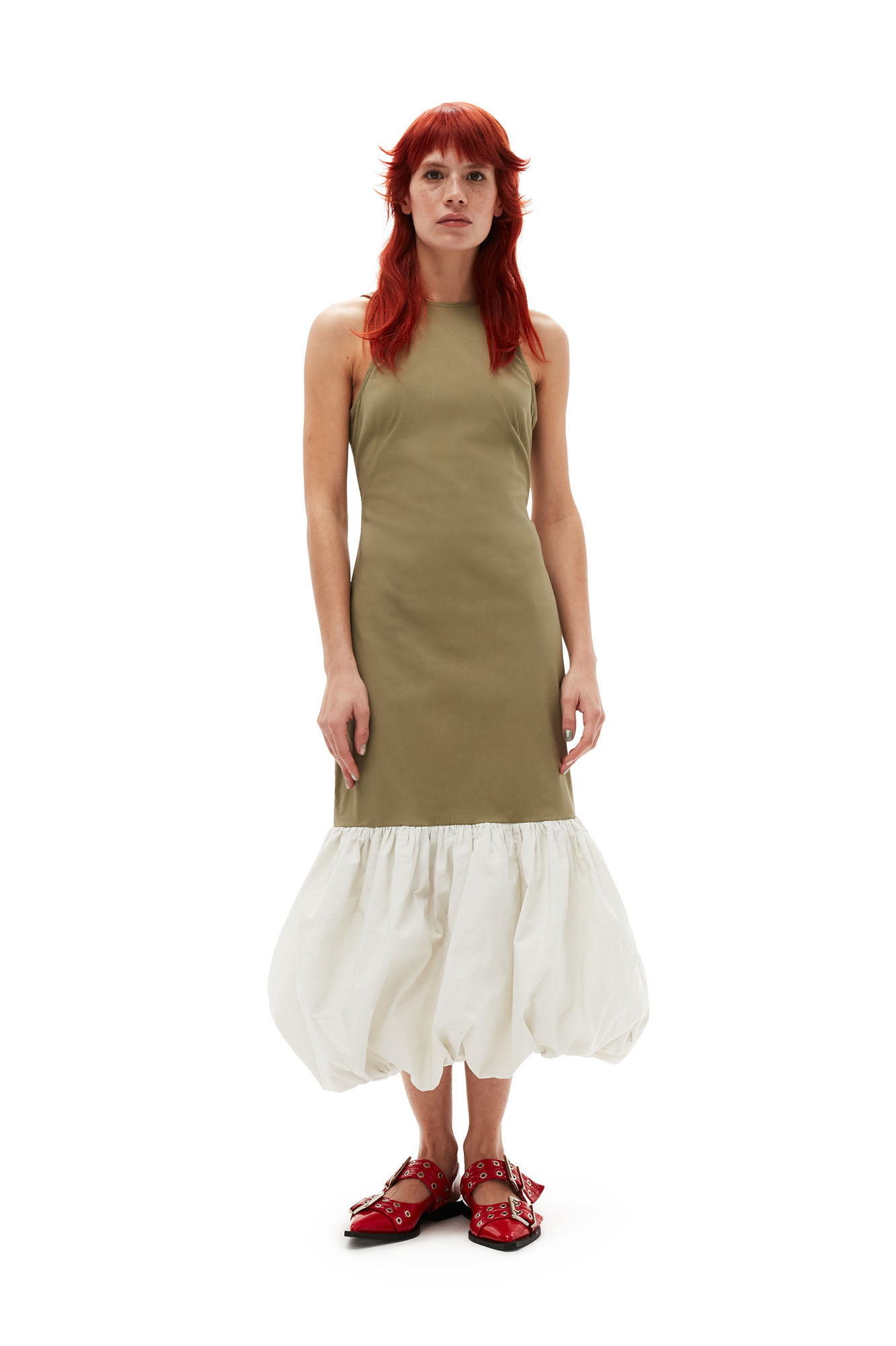 Taffeta Mix klänning med öppen rygg, Elastane, in colour Aloe - 1 - GANNI