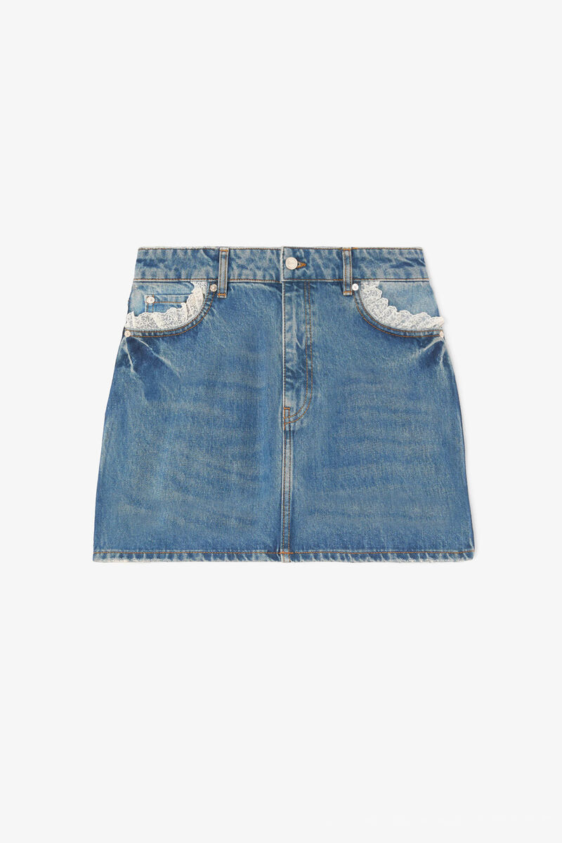 Skirt in Rigid Denim, Organic Cotton, in colour Dark Blue Vintage - 1 - GANNI