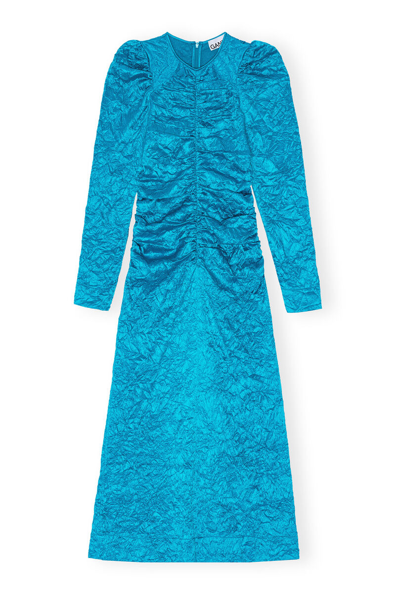 Blue Crinkled Satin O-Neck Midi Dress, Elastane, in colour Algiers Blue - 1 - GANNI