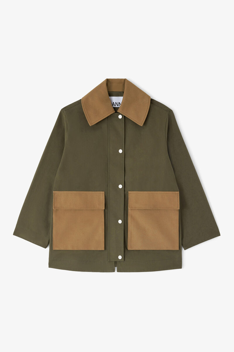 Jacket in Green Canvas, Organic Cotton, in colour Military Olive - 1 - GANNI
