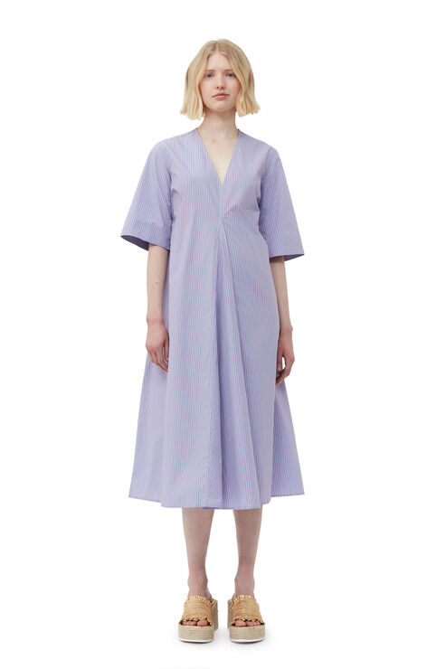 Ganni Short Sleeve Stripe Cotton V-neck Maxi Dress In Blue