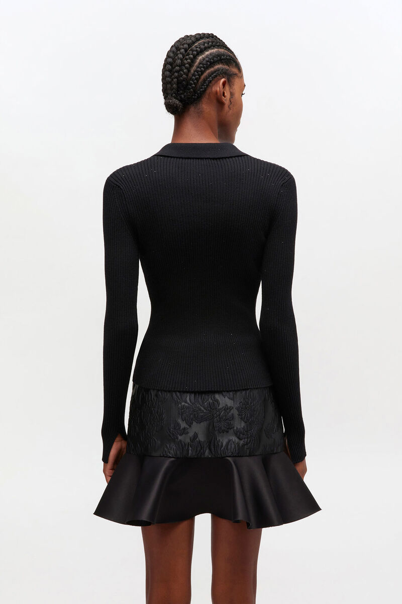 D&uuml;nnes Strick-Polo mit Pailletten, Wool, in colour Black - 3 - GANNI