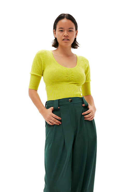 Ganni U-neck Merino Wool Top In Tender Shoots