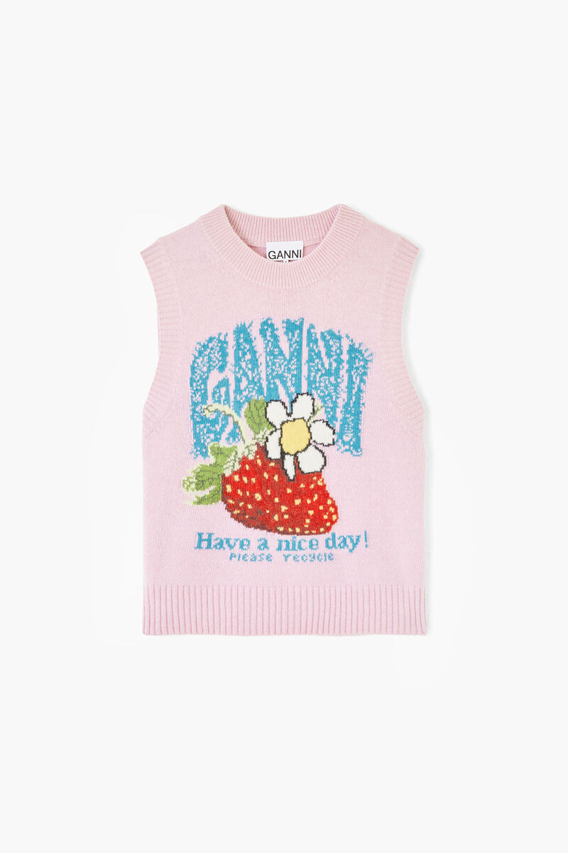 Vest with Strawberry, Wool, in colour Chalk Pink - 1 - GANNI
