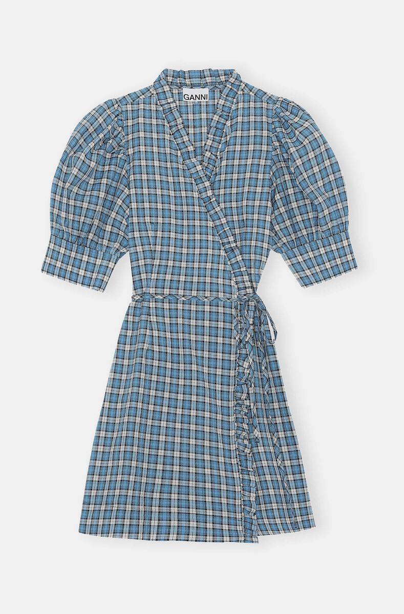 Seersucker Check Seersucker Check Wrap Ruffle Mini Dress, Cotton, in colour Check Azure Blue - 1 - GANNI
