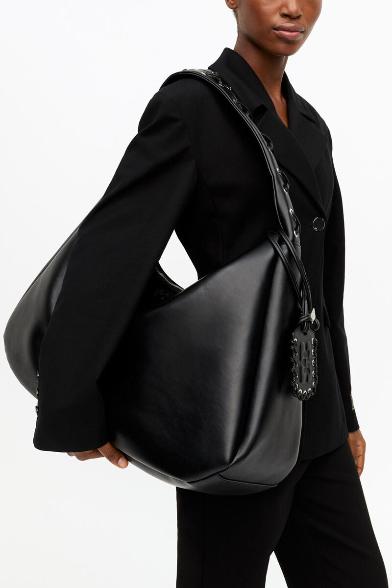 Black XXL Hobo Bag, Recycled Leather, in colour Black - 2 - GANNI