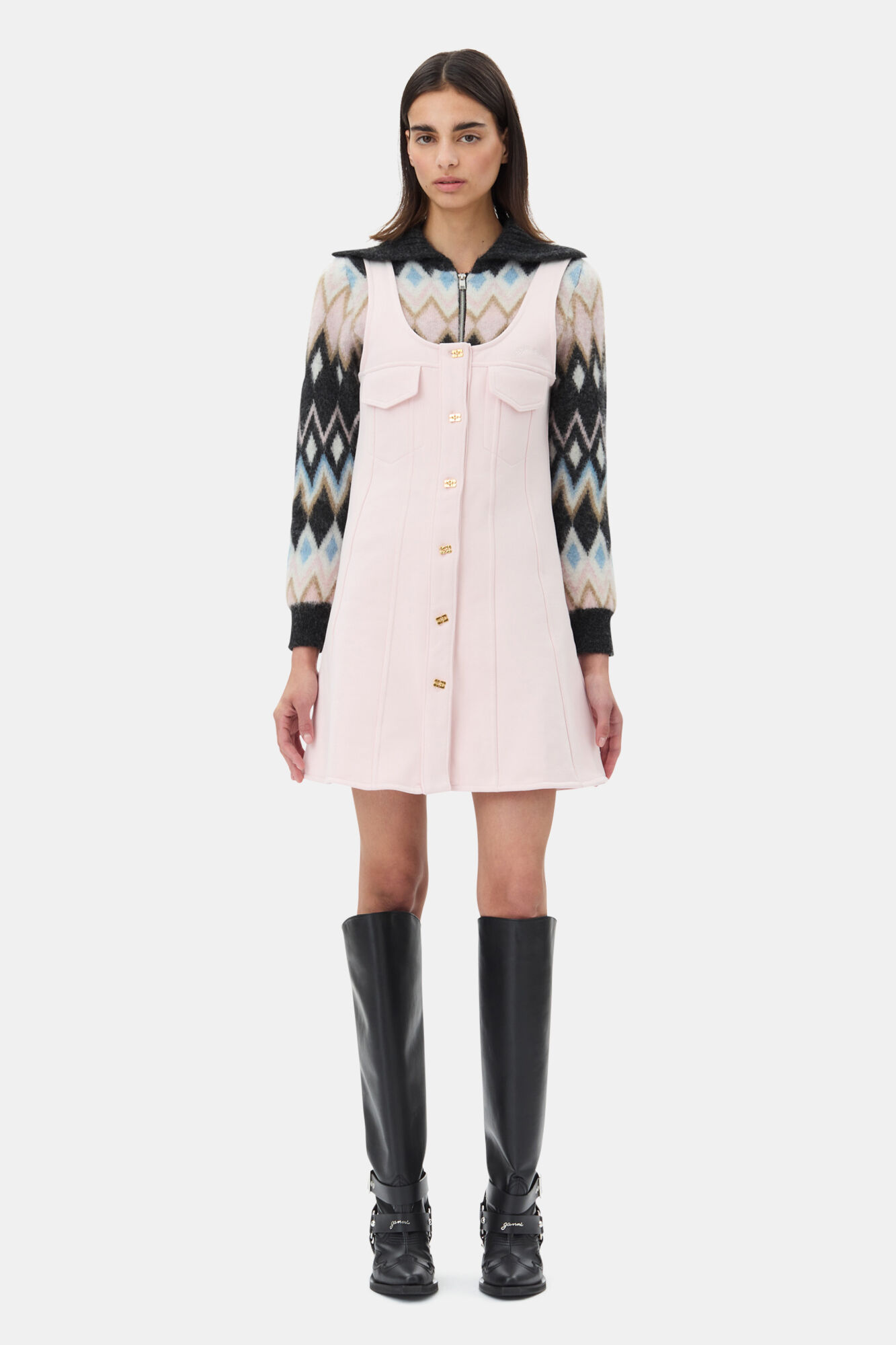 Pink Mini Dress, Cotton, in colour Chalk Pink - 1 - GANNI