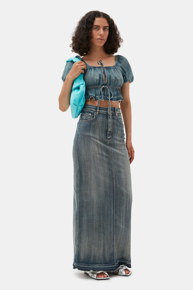 Denimtopp med puffärmar och tonade kanter, Tint Wash