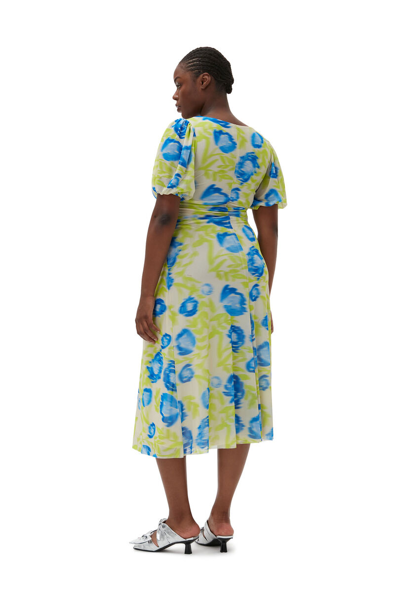 Printed Mesh Puff Sleeve Midi Dress, Elastane, in colour Strong Blue - 6 - GANNI