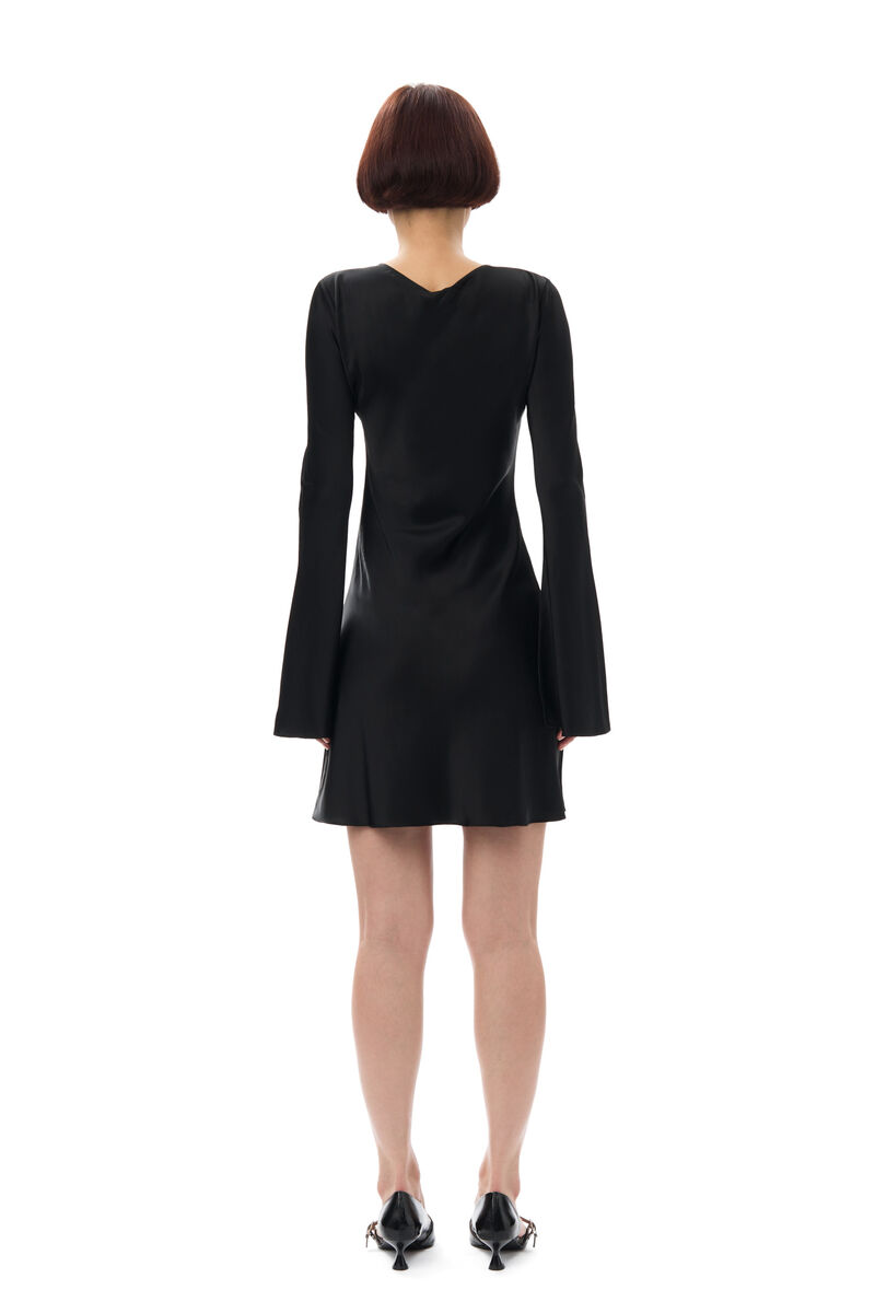 Black Solid Satin Mini Dress, in colour Black - 4 - GANNI
