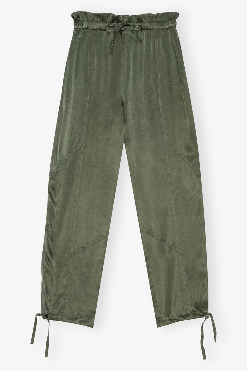 Green Washed Satin Pants, Cupro, in colour Climbing Ivy - 1 - GANNI