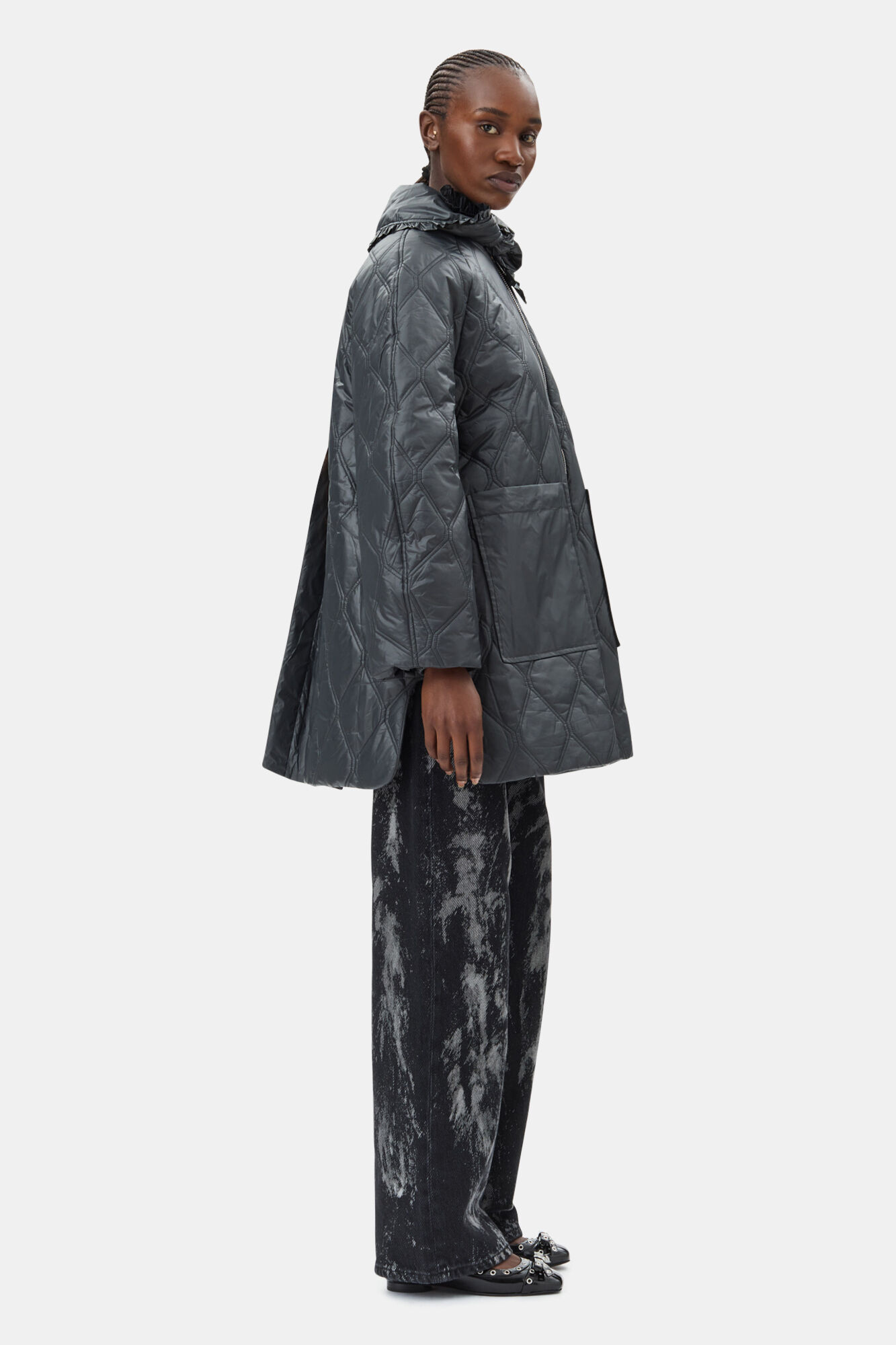 Black Shiny Quilt Midi Jacket, Nylon, in colour Black Sand - 3 - GANNI