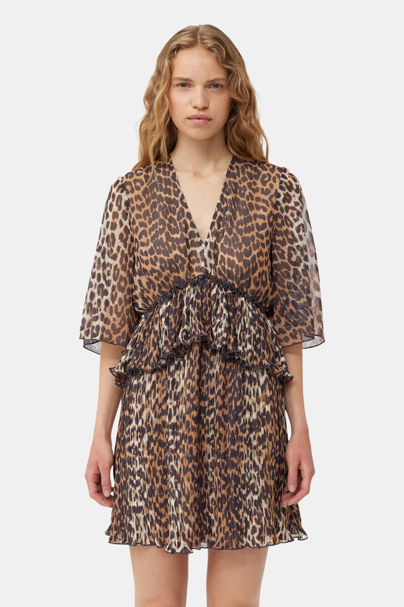 Leopard Pleated Georgette V-neck Flounce Mini Dress, Recycled Polyester, in colour Almond Milk - 4 - GANNI