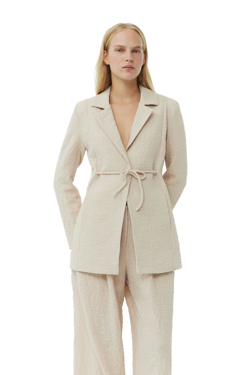 Beige Textured Suiting Tie String-blazer, Polyester, in colour Oyster Gray - 1 - GANNI