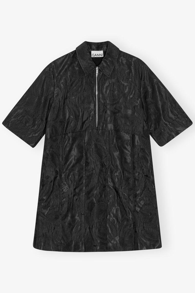 Black Textured Cloque Pleated Mini Dress, Nylon, in colour Black - 1 - GANNI