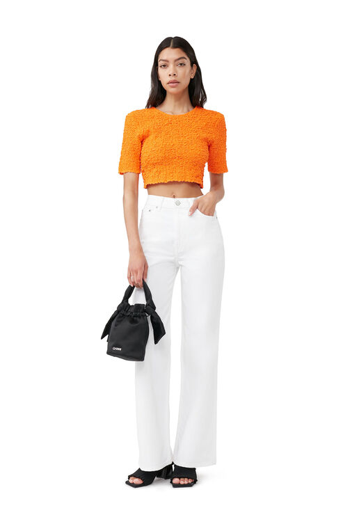 Ganni Short Sleeve Orange Cotton Poplin Cropped Smock Top