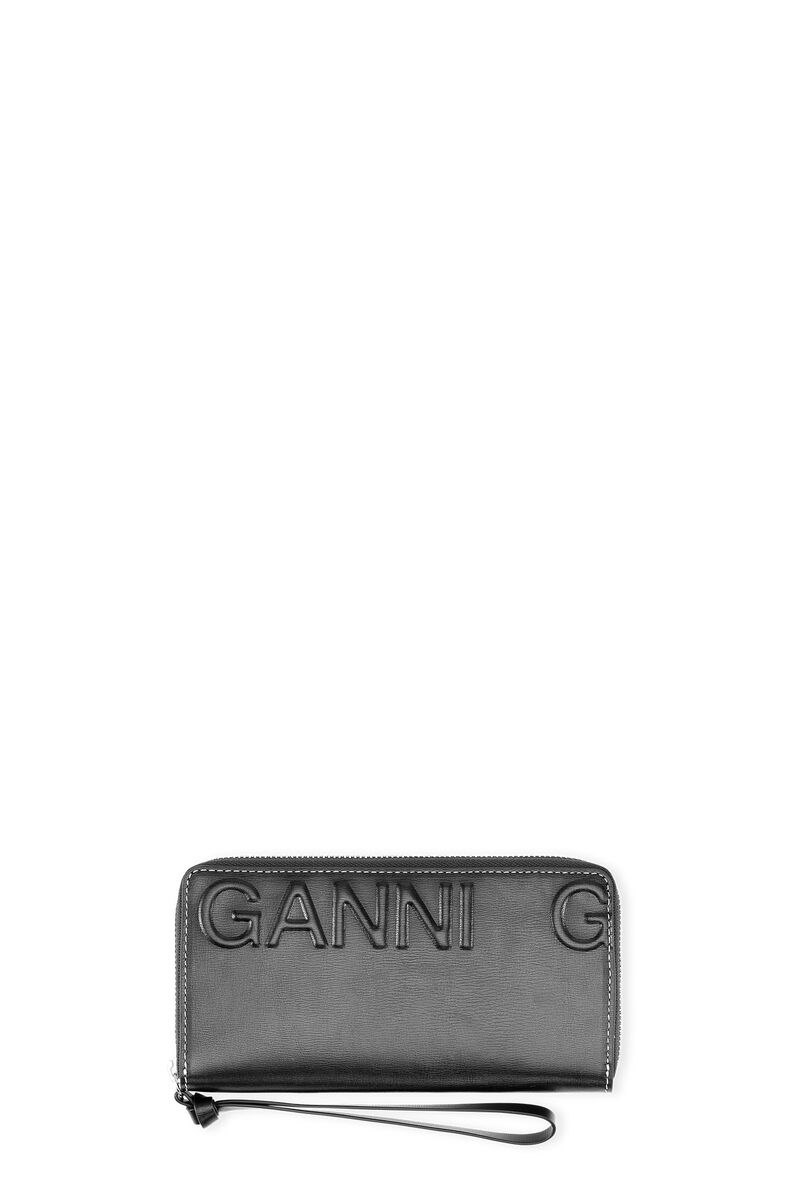 Zip Large Logo Wristlet, Leather, in colour Black - 1 - GANNI