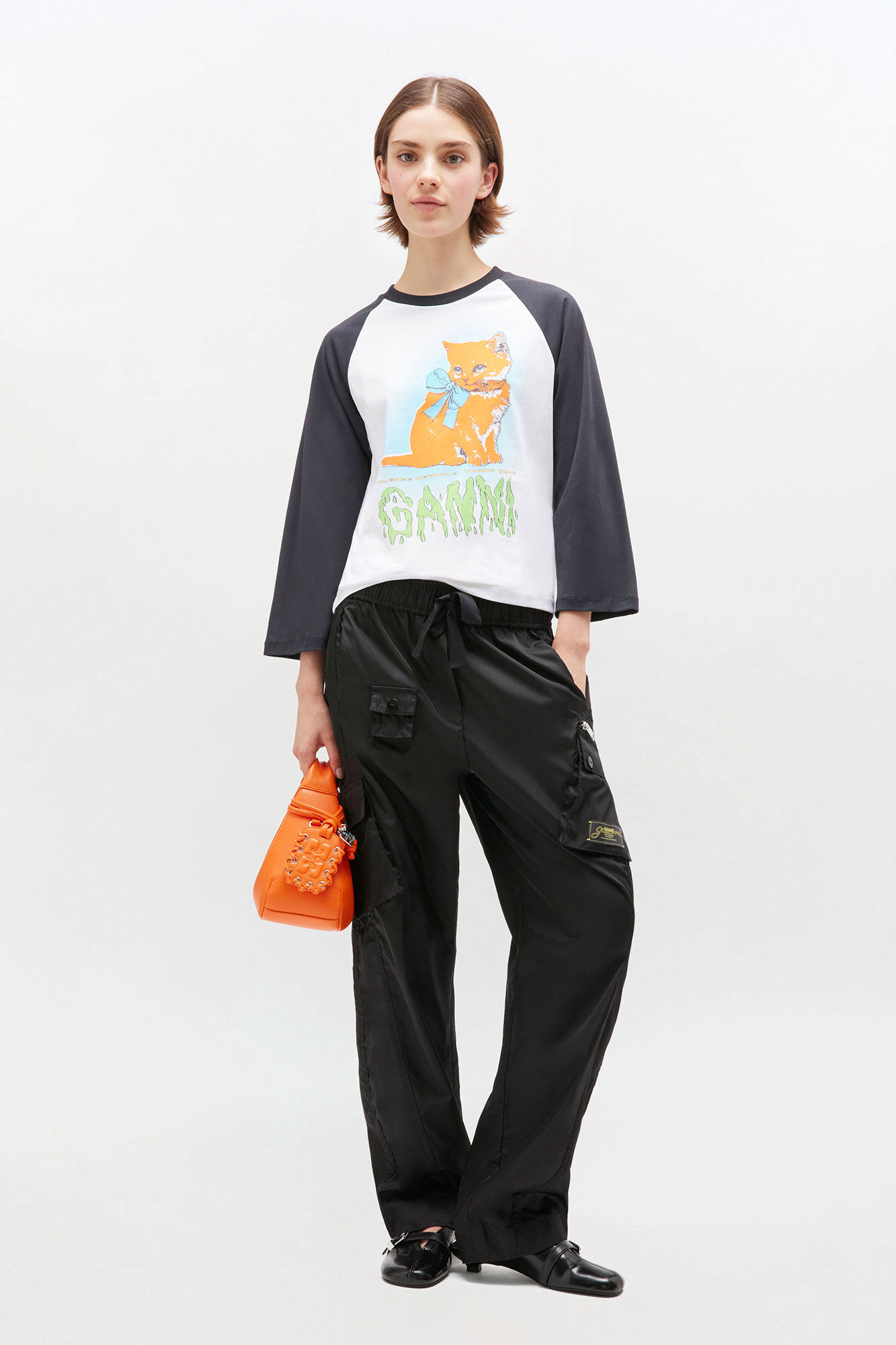 White Cropped Kitty T-shirt, Cotton, in colour Bright White - 2 - GANNI