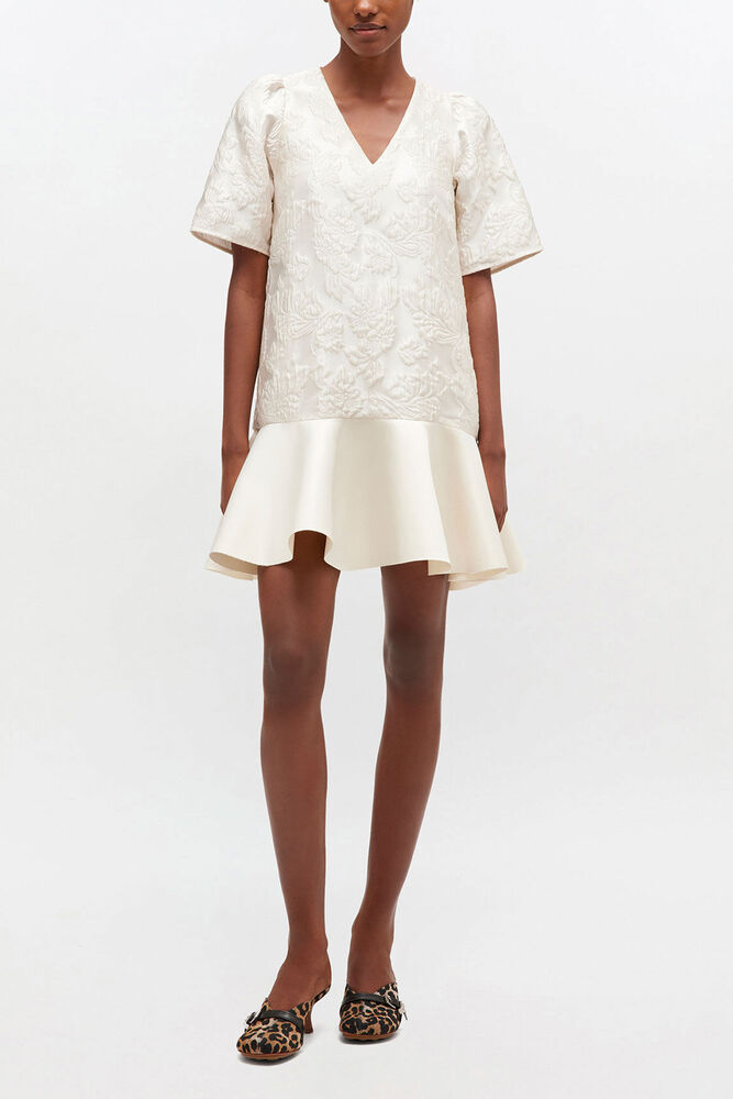 Satin Cloque Mini Dress, Egret
