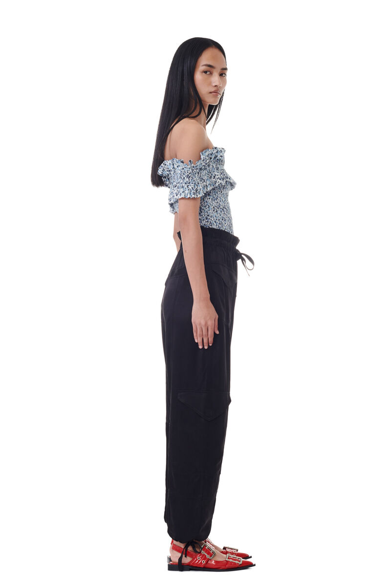 Black Washed Satin Pocket Pants, Cupro, in colour Black - 6 - GANNI