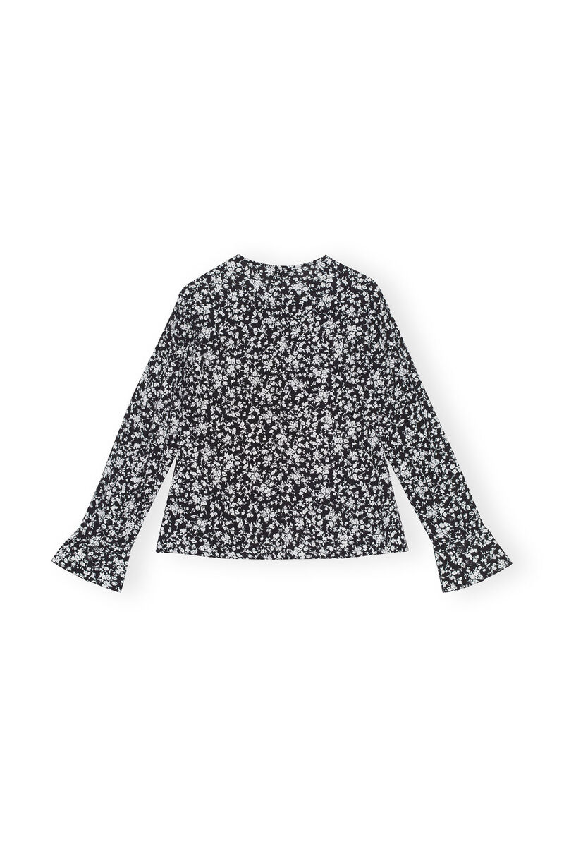 Printed Crepe O-neck Blouse, in colour Black - 2 - GANNI