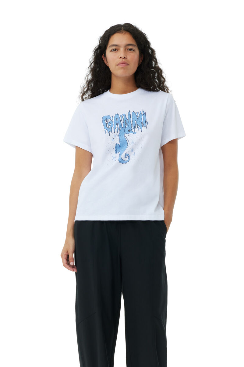 White Relaxed Seahorse T-shirt, Cotton, in colour Bright White - 1 - GANNI