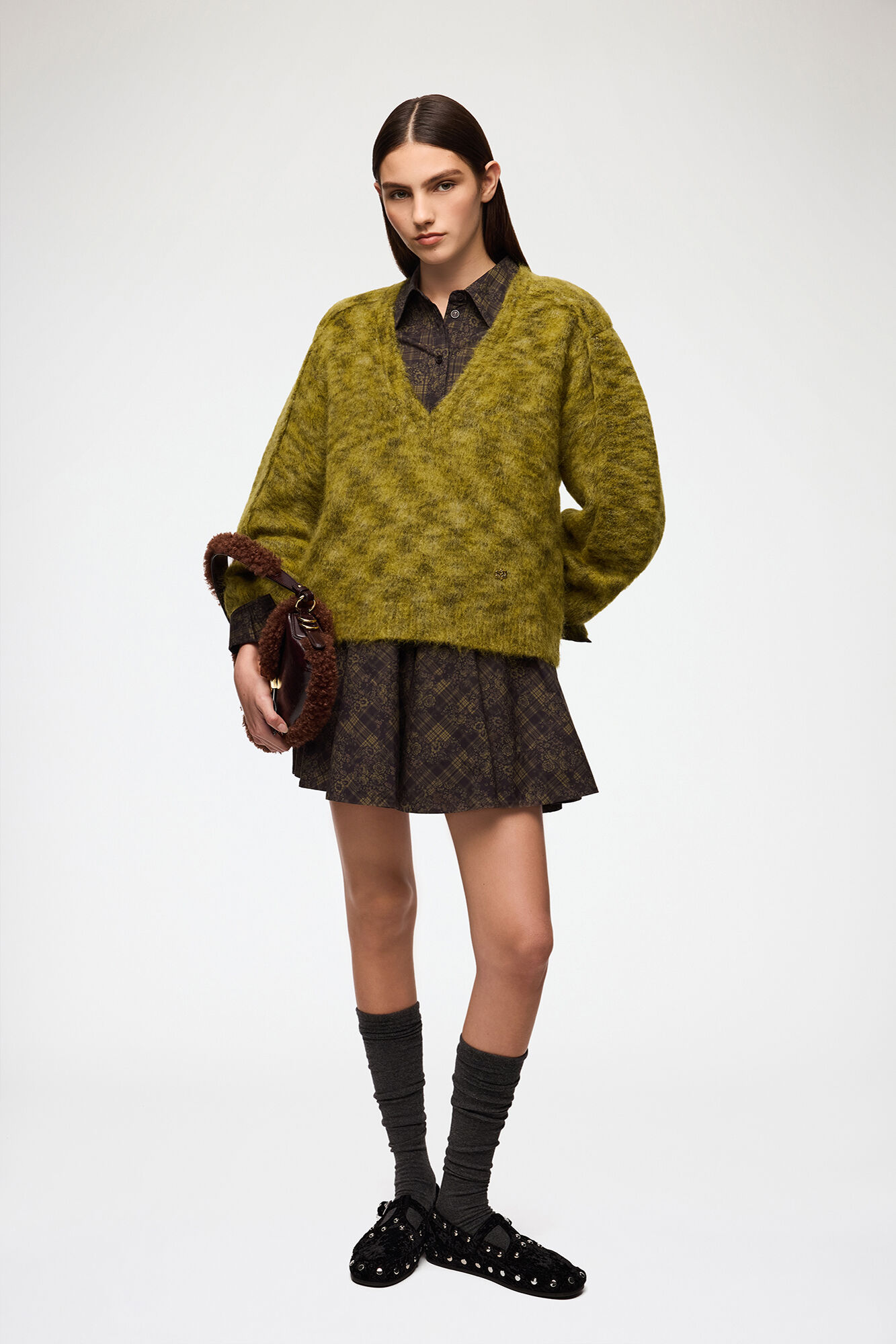 Jumper in Brushed Mohair, Wool, in colour Military Olive - 2 - GANNI