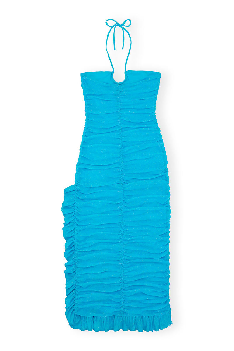 GANNI X ESTER MANAS Printed Mesh Halterneck Gather Dress, Recycled Nylon, in colour Bachelor Blue - 2 - GANNI