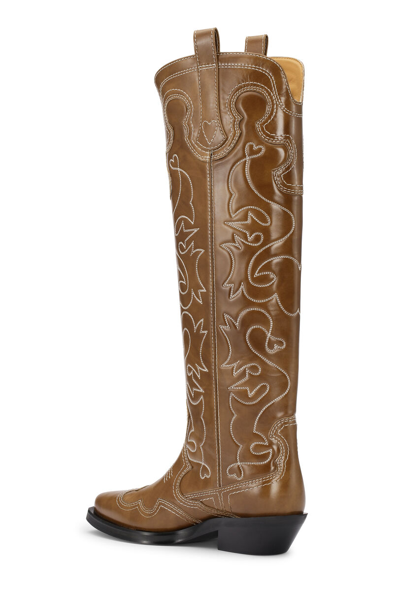 Knee High Embroidered Western Boots, Calf Leather, in colour Tiger's Eye - 2 - GANNI