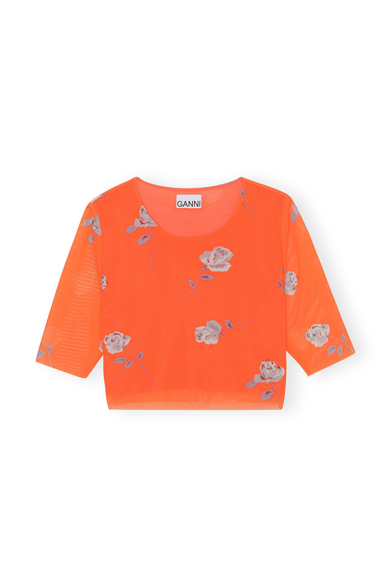 Orange Printed Mesh Cropped T-shirt, Recycled Nylon, in colour Orangeade - 1 - GANNI