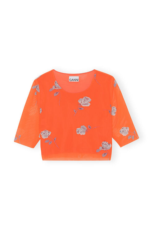 Ganni Short Sleeve Orange Printed Mesh Cropped T-shirt In Orangeade