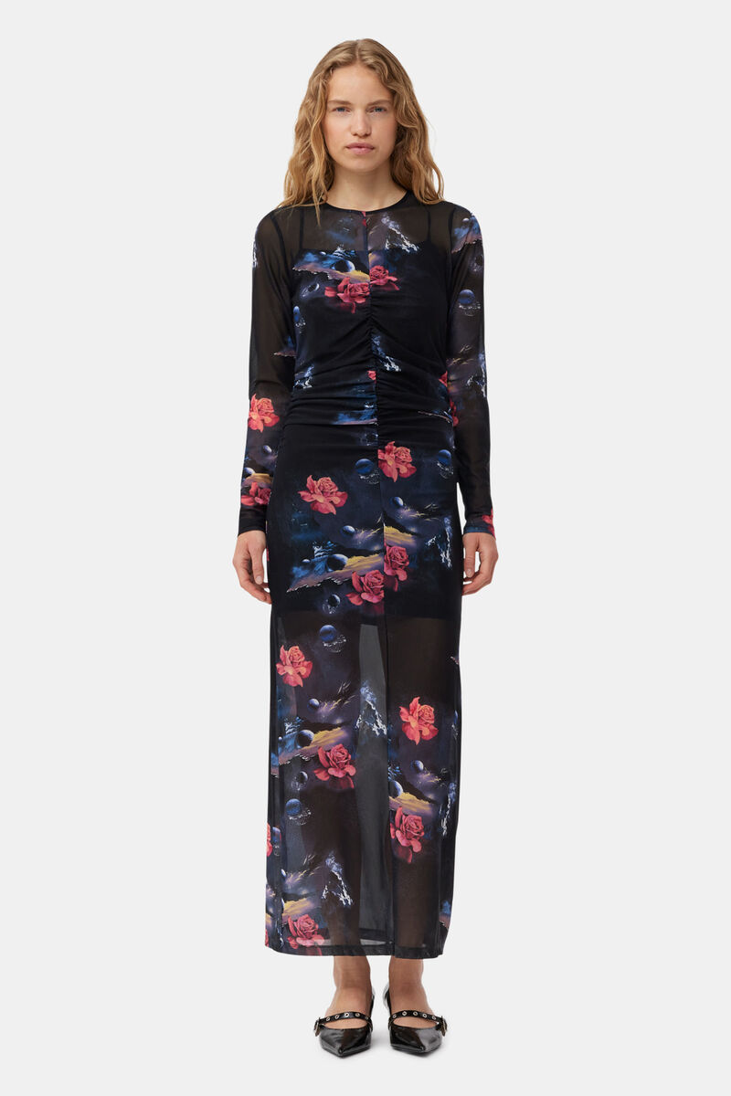 Black Printed Mesh O-neck Ruched Long Dress | GANNI US