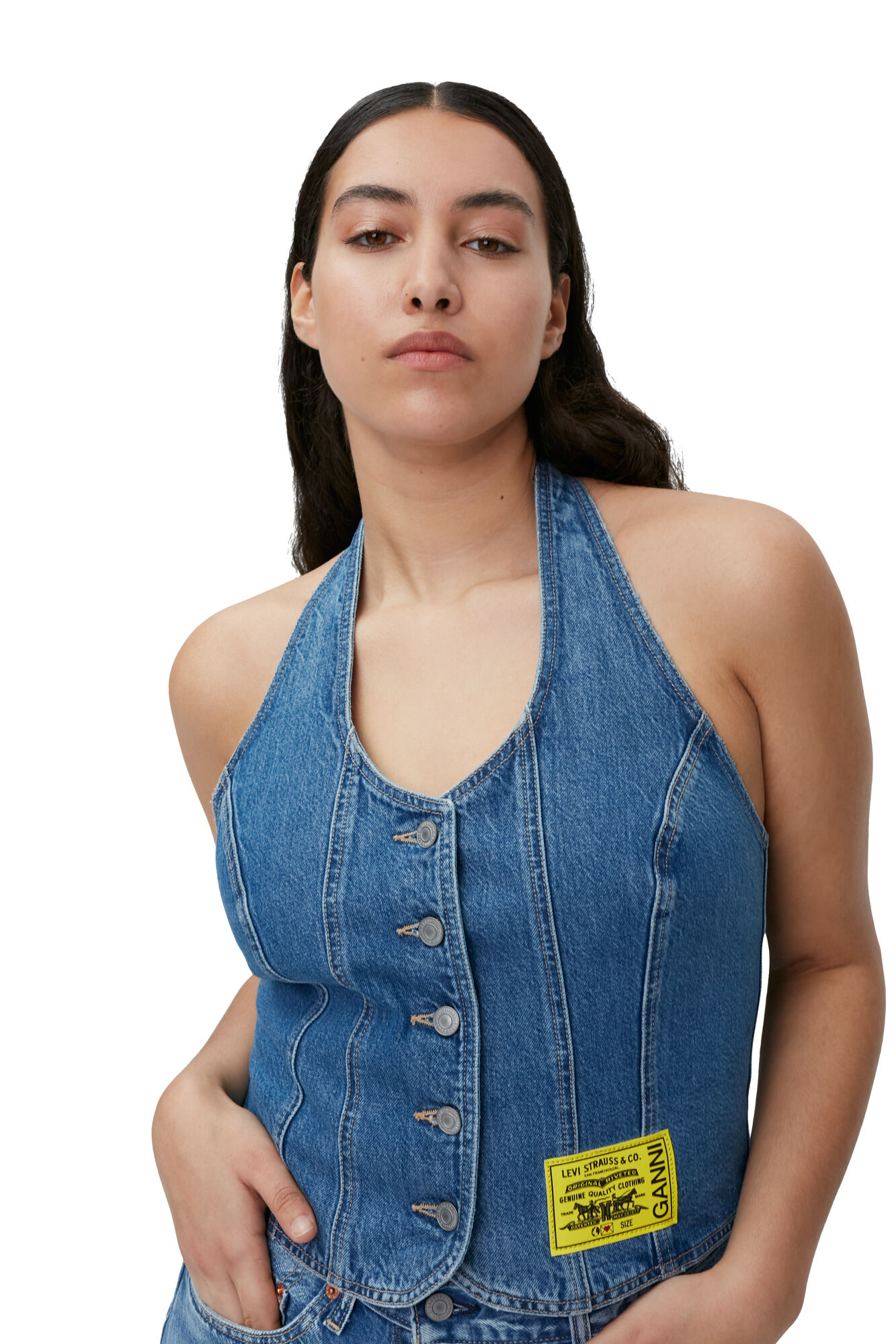Halterneck Top, Cotton, in colour Light Indigo - 3 - GANNI