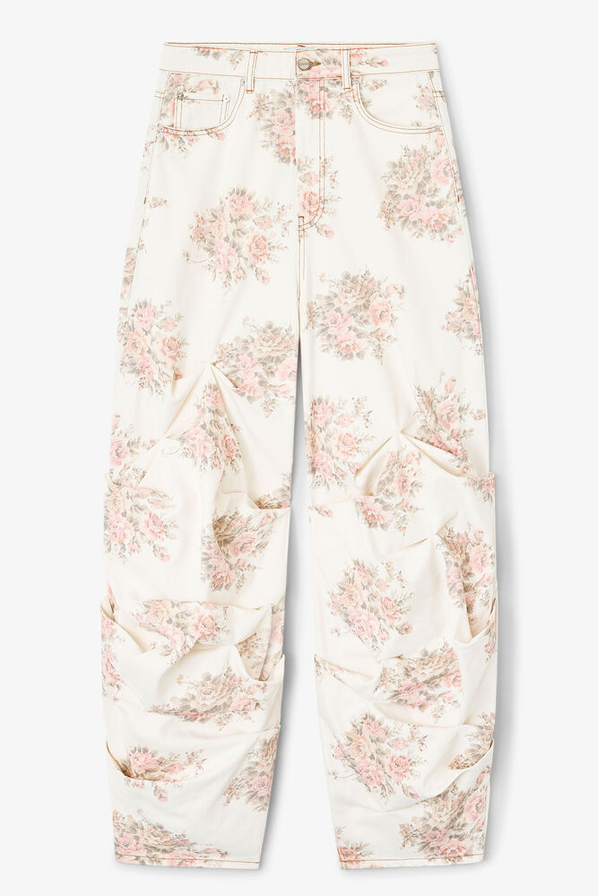 Jean drapé à imprimé floral, Egret