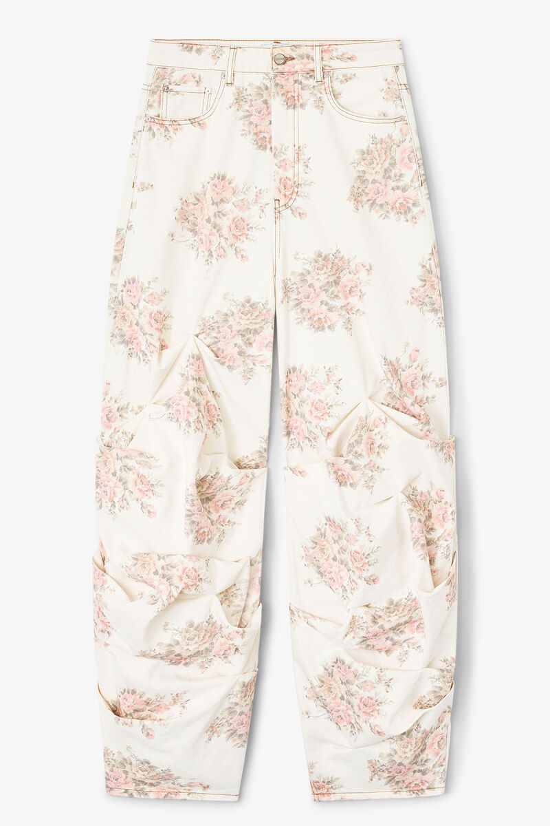 Floral Printed Draped Jeans, Cotton, in colour Egret - 1 - GANNI