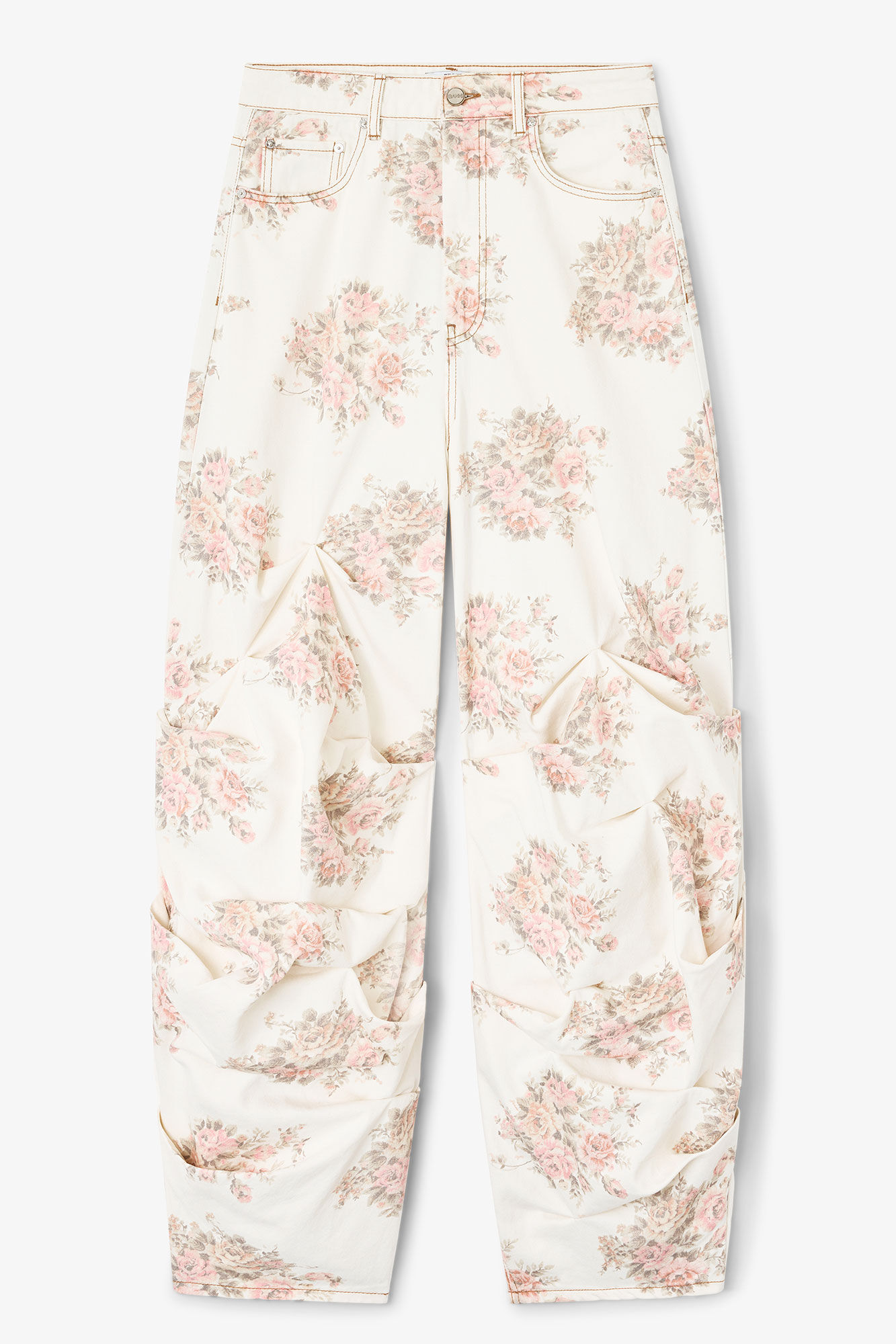 Floral Printed Draped Jeans, Cotton, in colour Egret - 1 - GANNI