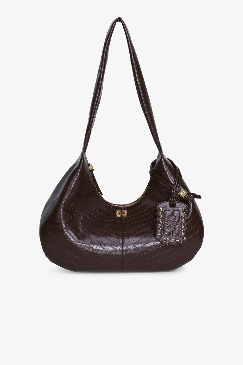 Brown Croco Medium Hobo Bag, Lyocell, in colour Chocolate Fondant - 1 - GANNI
