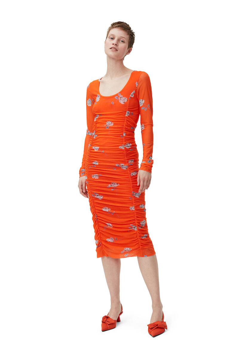 Orange Ruched Mesh Midi Dress, in colour Orangeade - 1 - GANNI