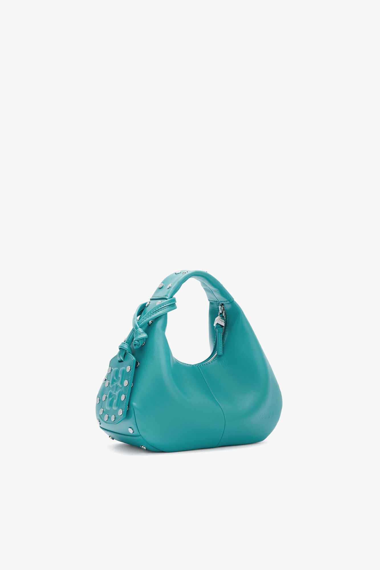Mini Hobo Bag Studs in Blue, Recycled Leather, in colour Baltic - 2 - GANNI