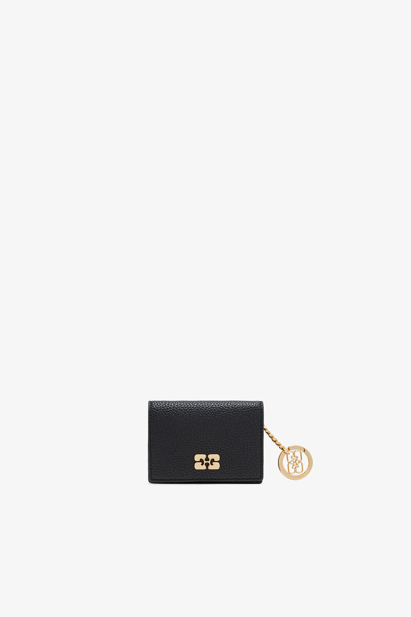 Card Holder With Flap in Grained Black with Gold, Recycled Polyester, in colour Black - 1 - GANNI