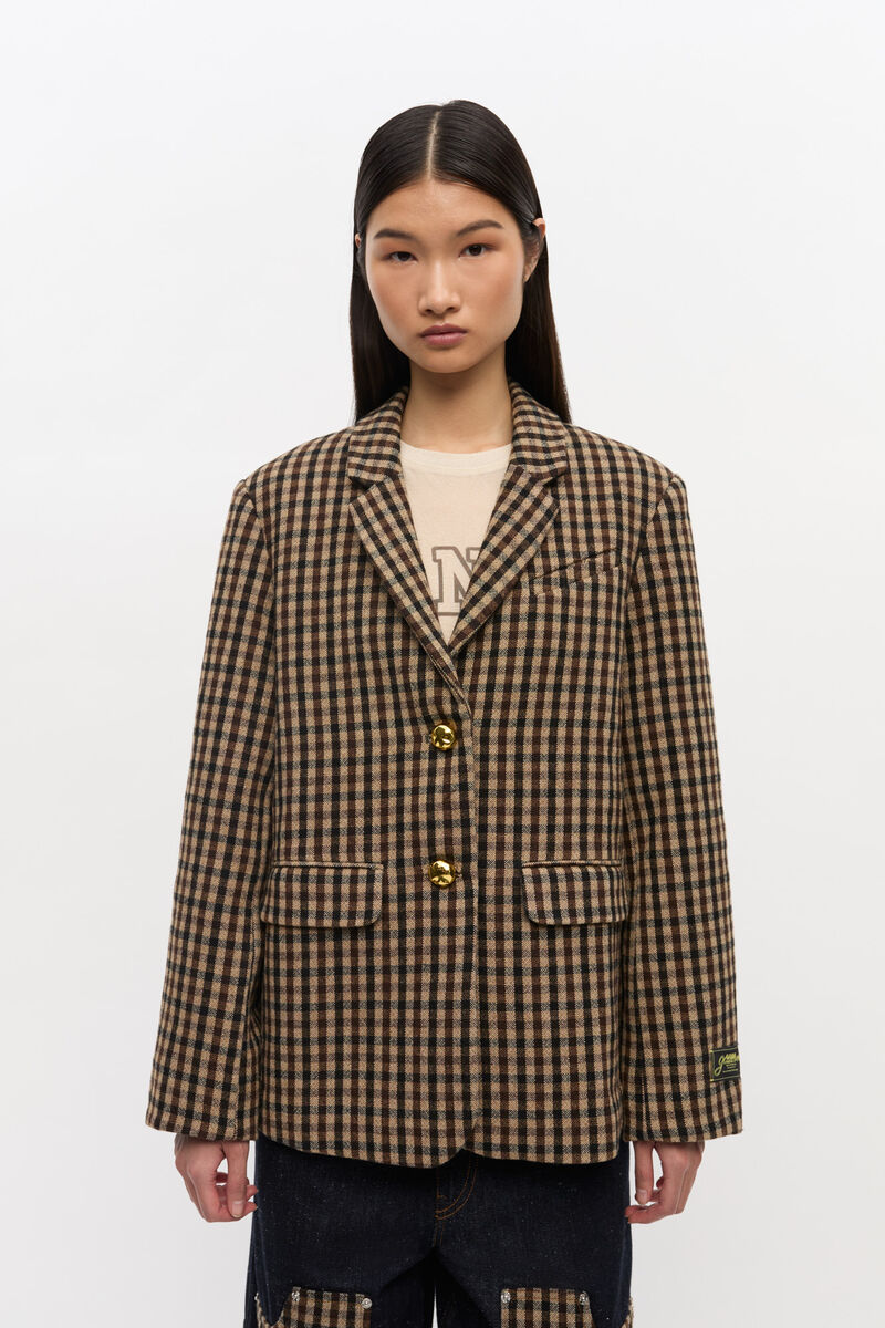 Check Wool Blazer, Recycled Polyester, in colour Chicory Coffee - 1 - GANNI