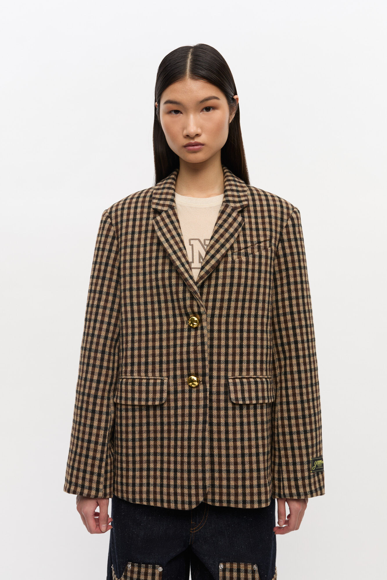 Check Wool Blazer, Recycled Polyester, in colour Chicory Coffee - 1 - GANNI