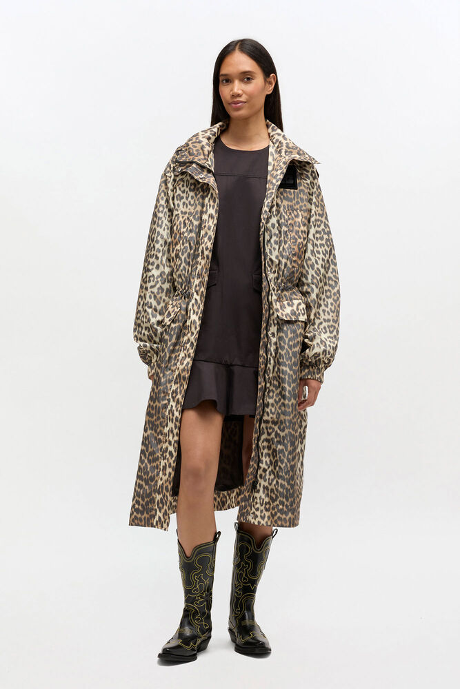 Leopard Nylon Parka Coat, Almond Milk