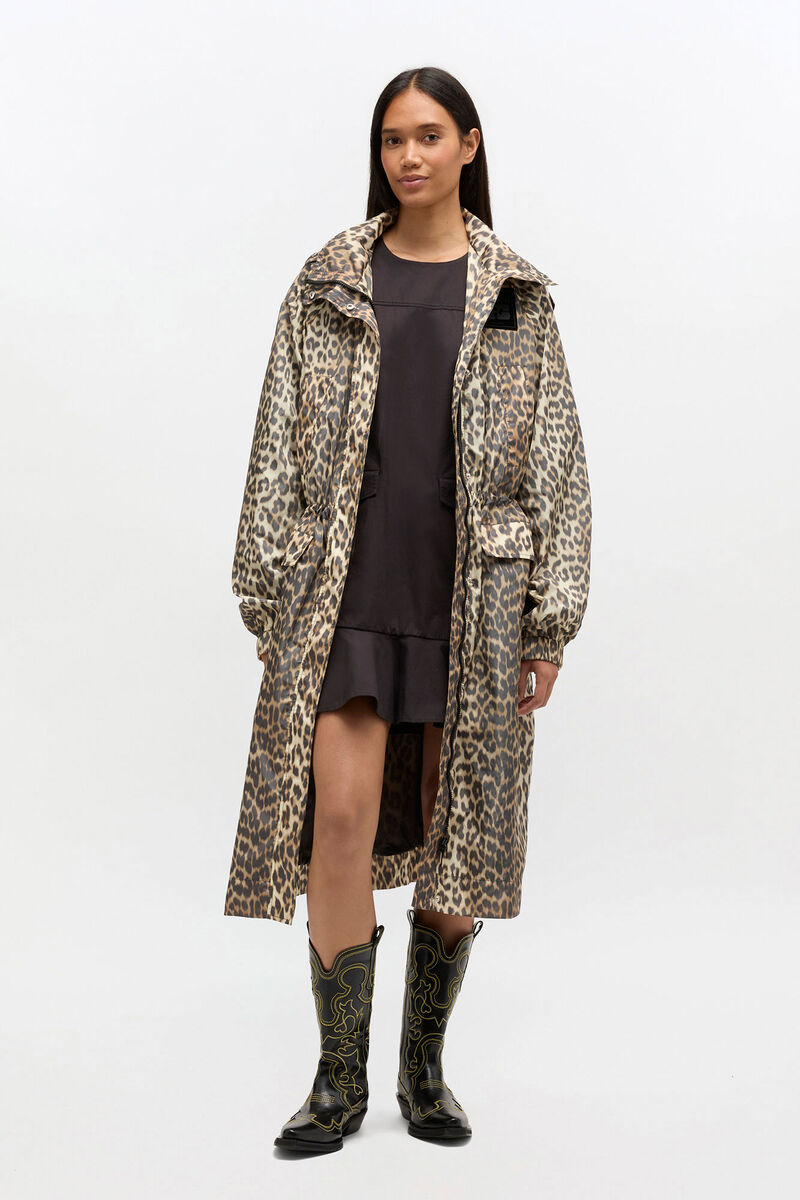 Leopard Nylon Parka Coat, in colour Almond Milk - 1 - GANNI